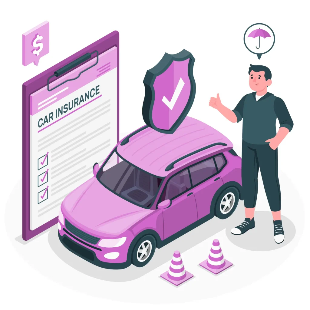 Illustration of a car insurance concept featuring a pink SUV with a shield and checkmark on top, alongside a clipboard labeled "Car Insurance" and a person giving a thumbs-up.