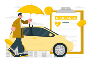 Illustration of a yellow car with a man holding an umbrella and an insurance policy in the background, symbolizing vehicle coverage.