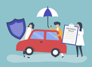 Illustration of car insurance coverage showing a red car protected by a shield, umbrella, and an insurance policy document.