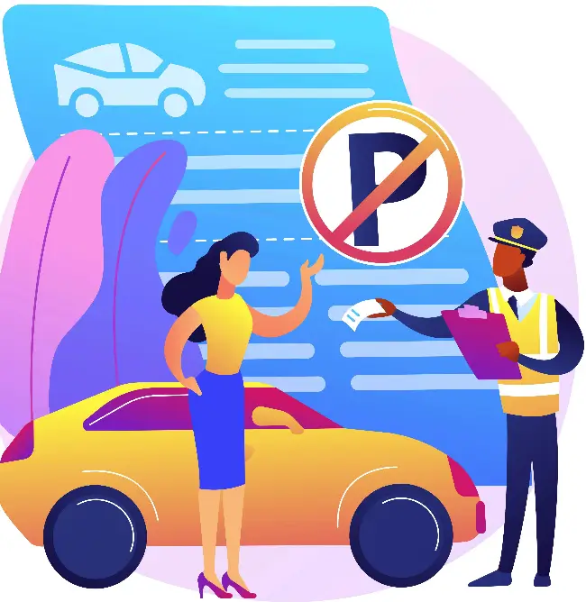 Illustration of a parking violation scenario, showing a police officer handing a ticket to a woman standing next to a yellow car, with a "No Parking" sign and documentation in the background.