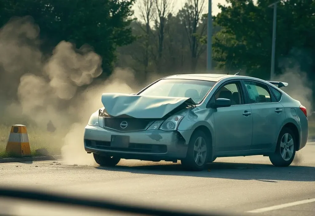 Damaged car on the roadside after an accident, illustrating total loss appraisals for insurance claims.